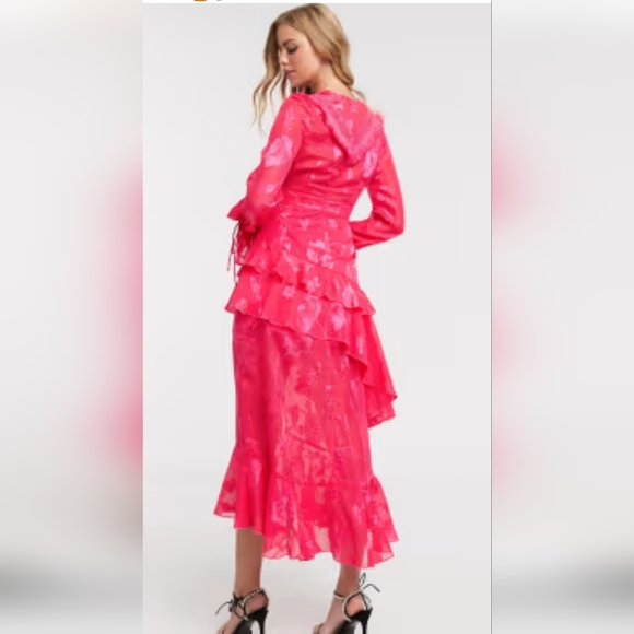 DARK PINK Frill Lacr plunge front midi dress In Hot Pink. Size 8 NWT - Picture 7 of 16